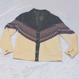 Doe & Rae Native Boho Print 2 Tone Snap Front Corduroy Jacket MISSING SNAP